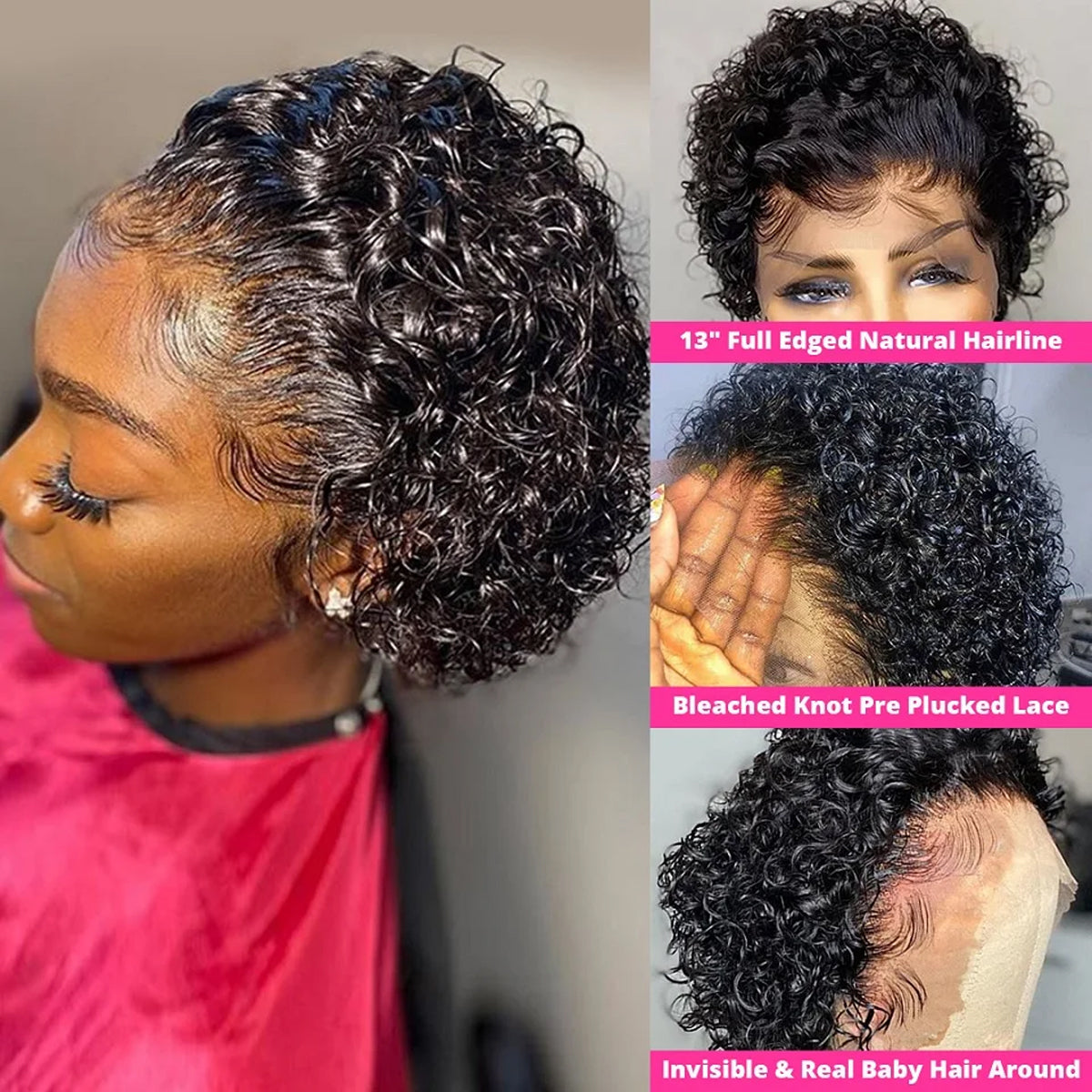 Curly Glueless Wig Short Curly Pixie Cut Wig 13x1 Lace Frontal Human Hair Wig Natural Black Color and Ombre Brown Color